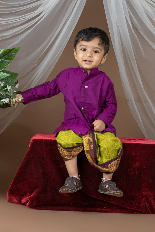 Wine and checked green dhoti with zari border ethnic wear for baby boy