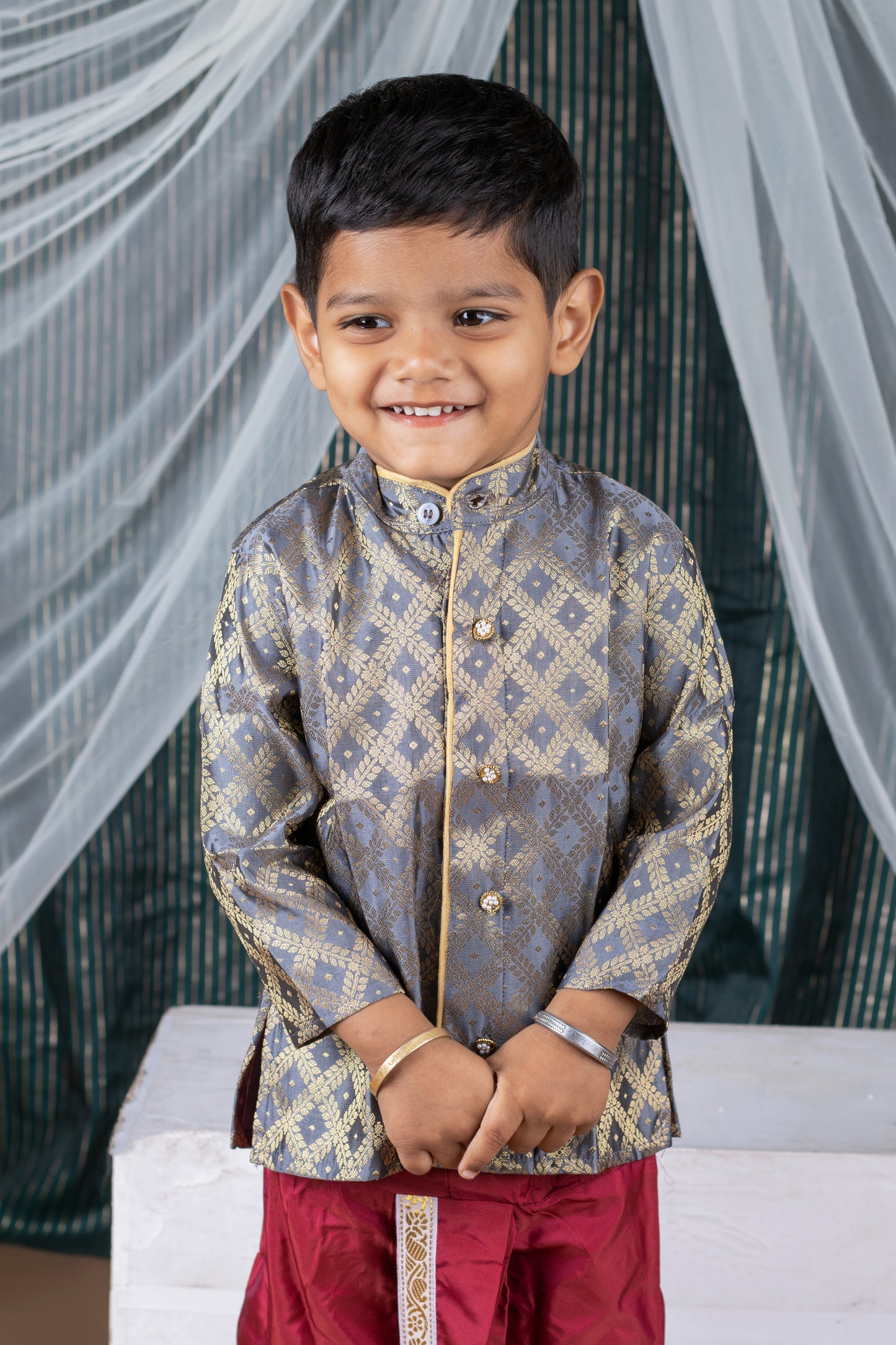 Grey with maroon silk kurta dhoti ethnic wear for baby boy