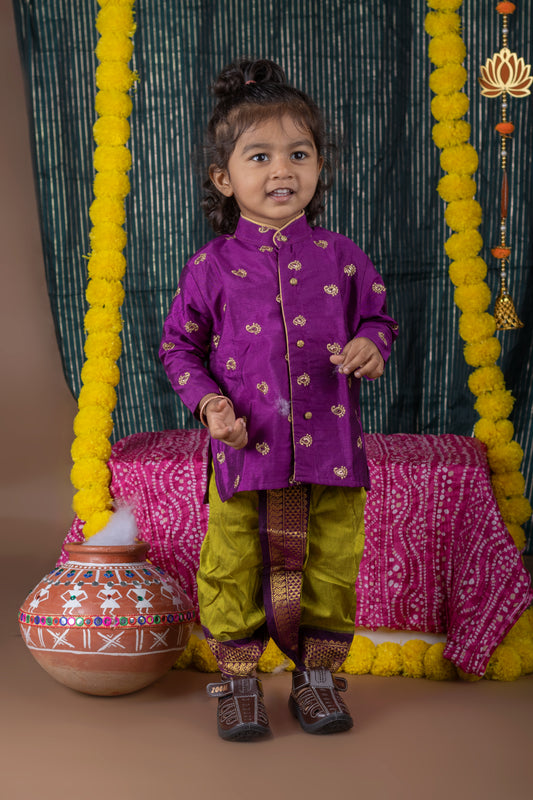 Green and wine embroidered kurta dhoti ethnic dress for baby boy