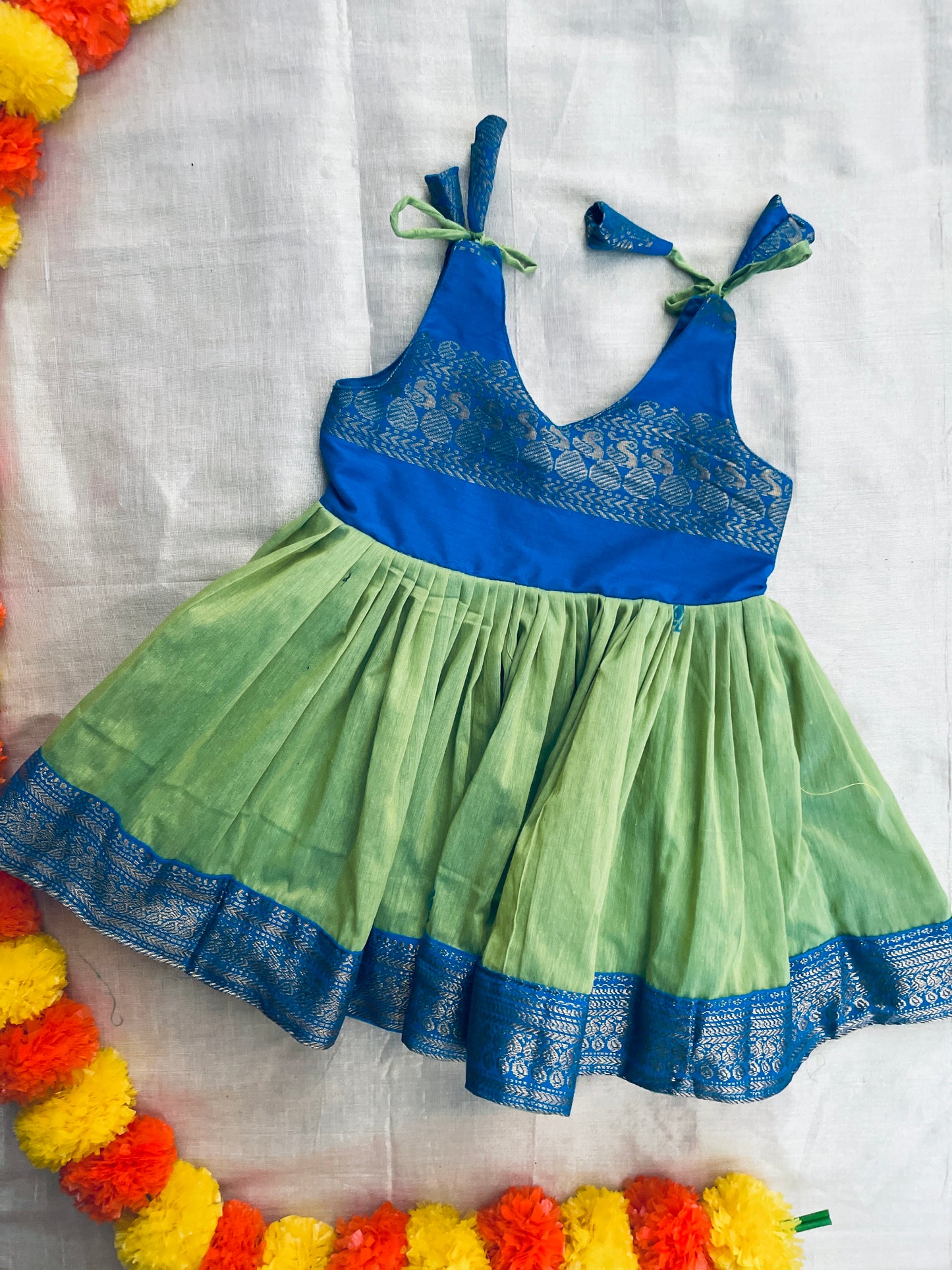 Sky blue with bright green tie up ethnic dress for baby girl