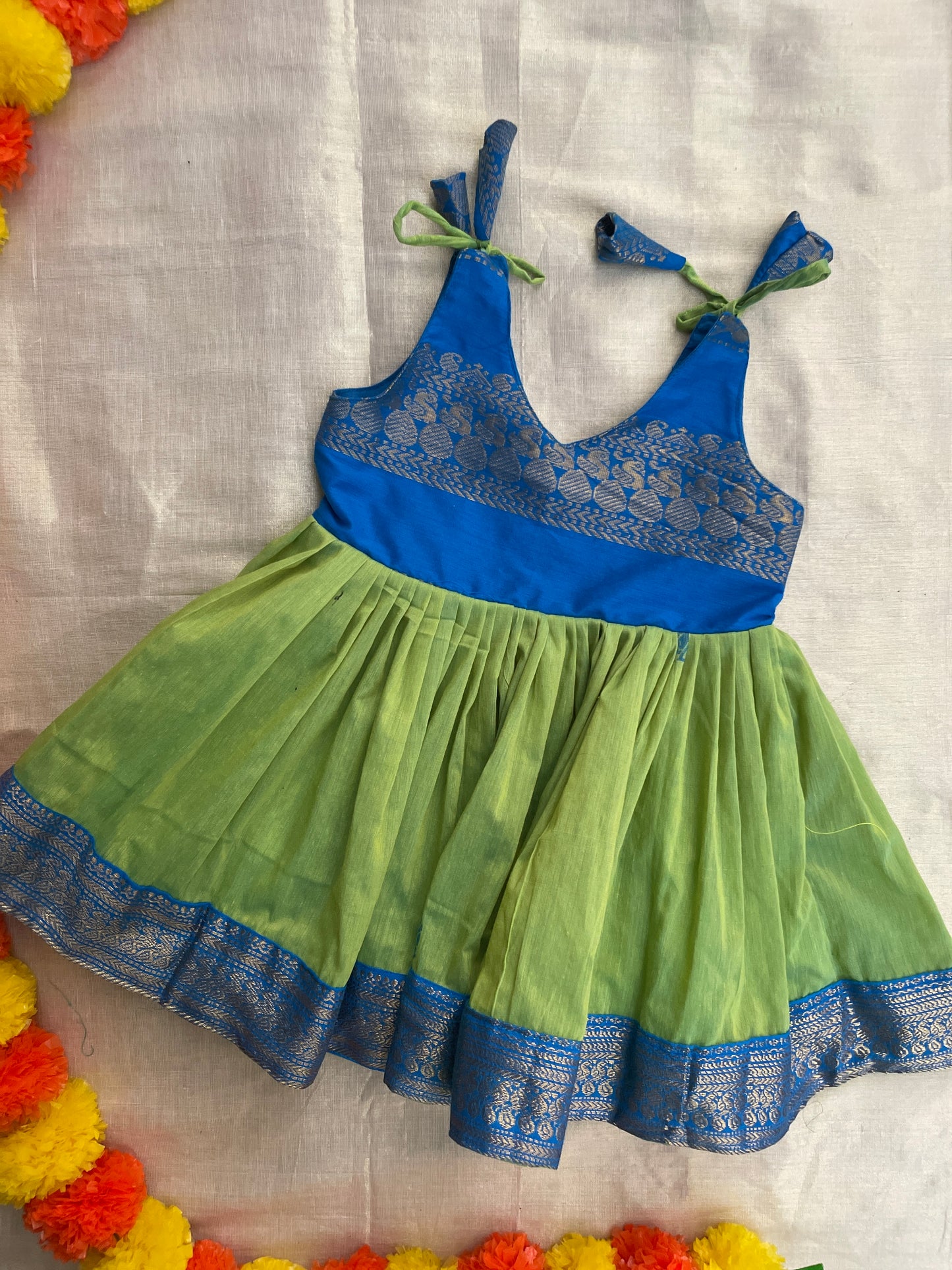 Sky blue with bright green tie up ethnic dress for baby girl