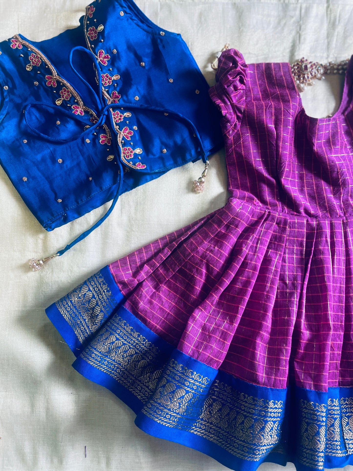 Traditional blue and pink checked langa jacket ethnic wear for baby girl