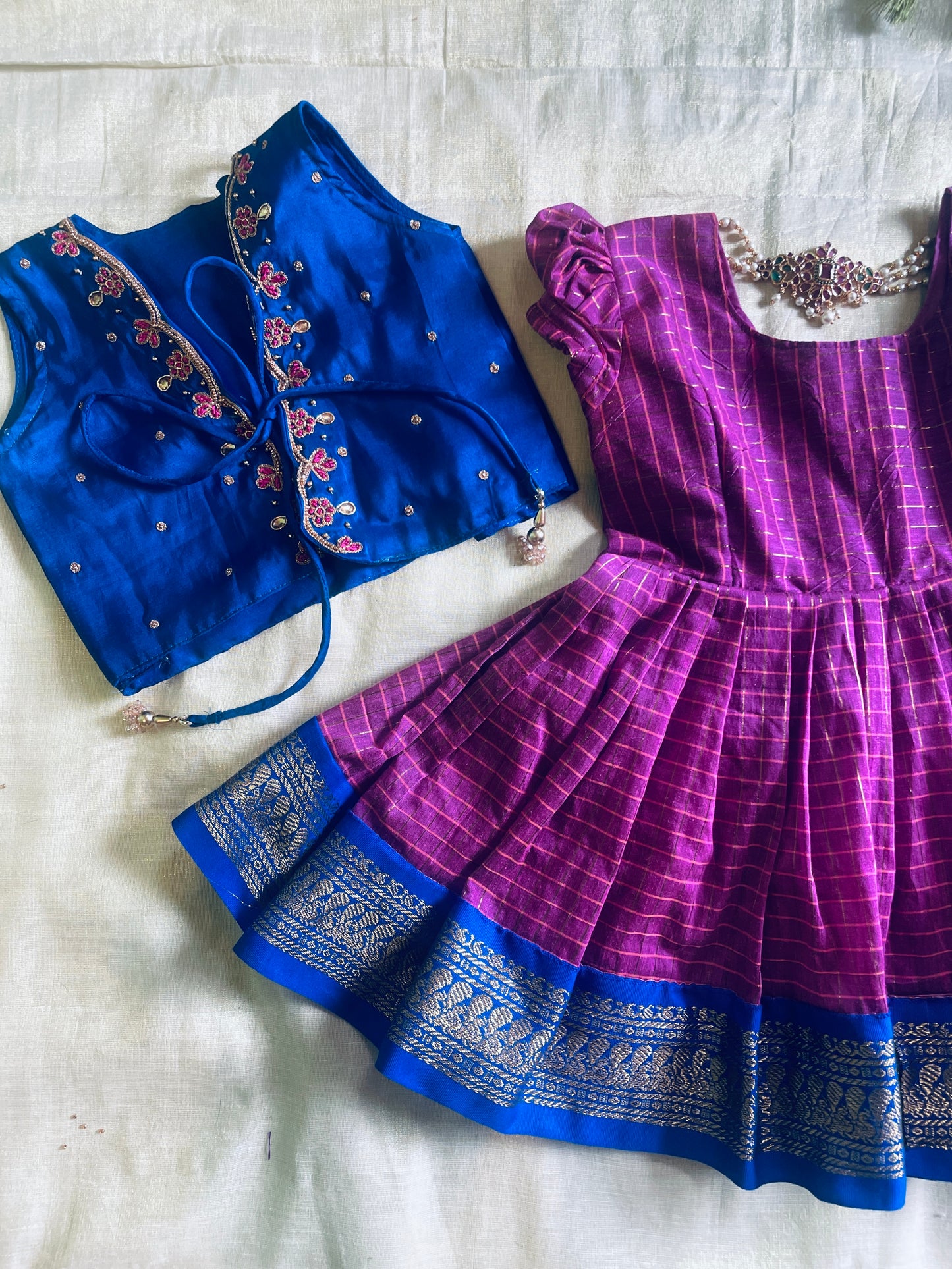 Traditional blue and pink checked langa jacket ethnic wear for baby girl