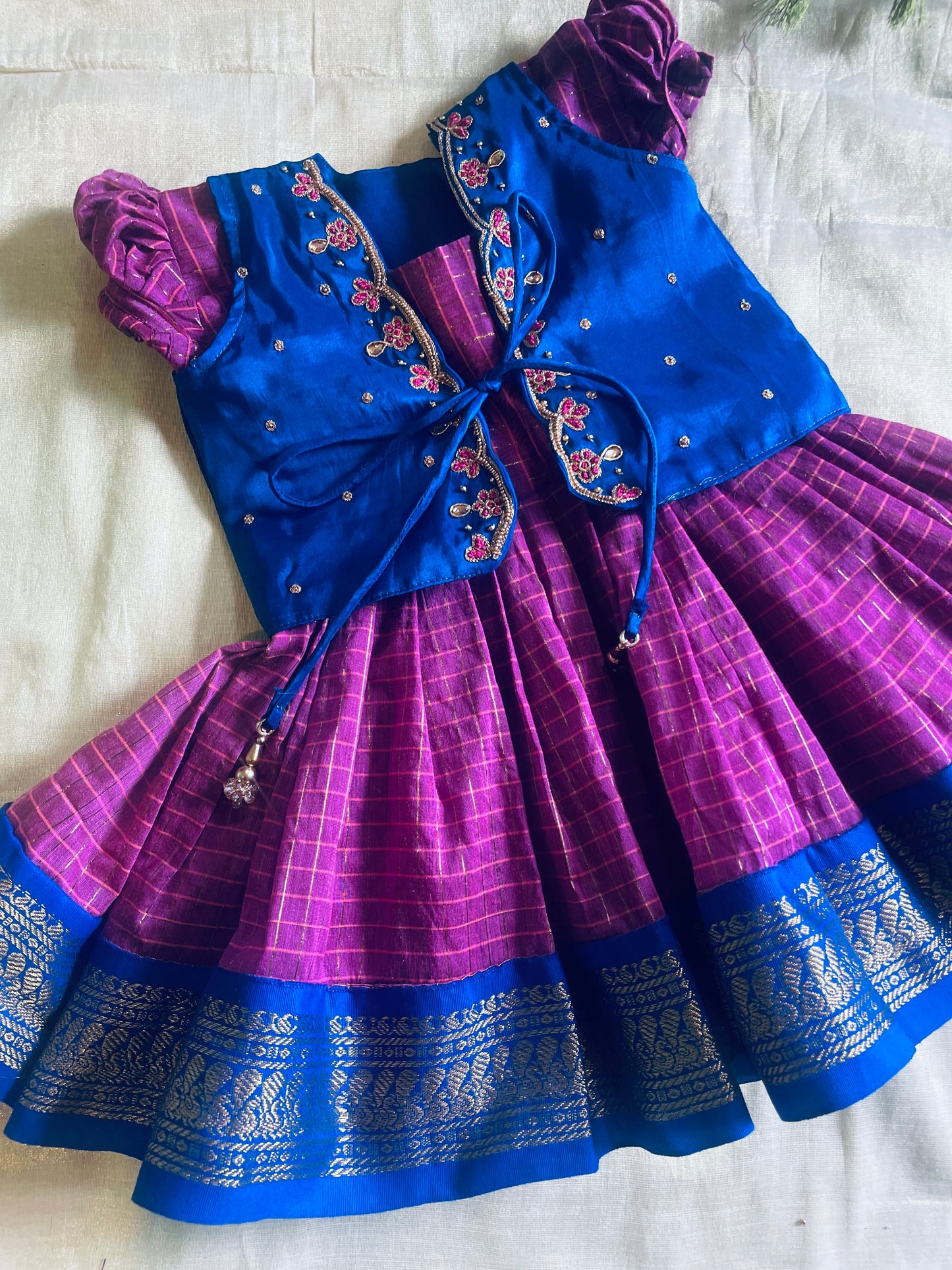 Traditional blue and pink checked langa jacket ethnic wear for baby girl