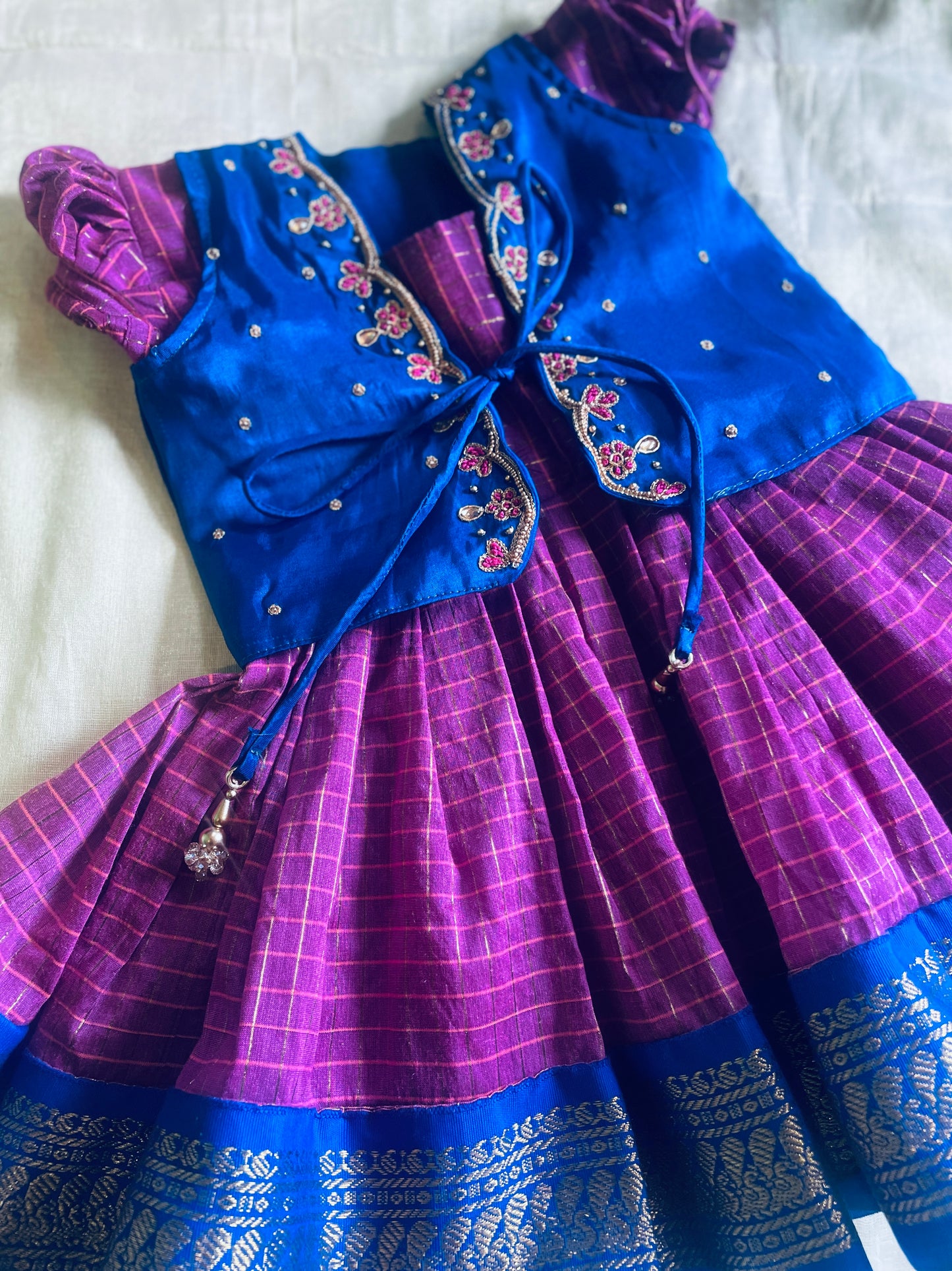 Traditional blue and pink checked langa jacket ethnic wear for baby girl