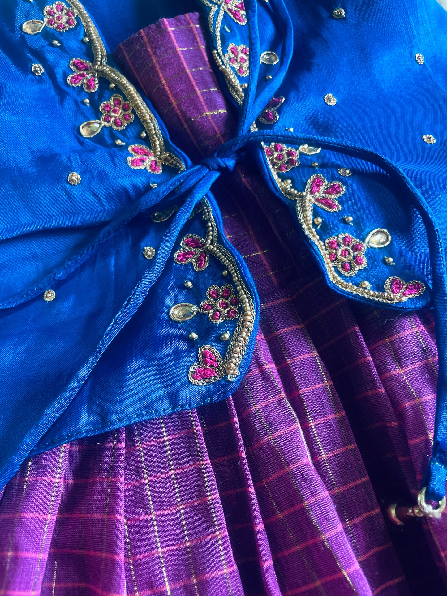 Traditional blue and pink checked langa jacket ethnic wear for baby girl