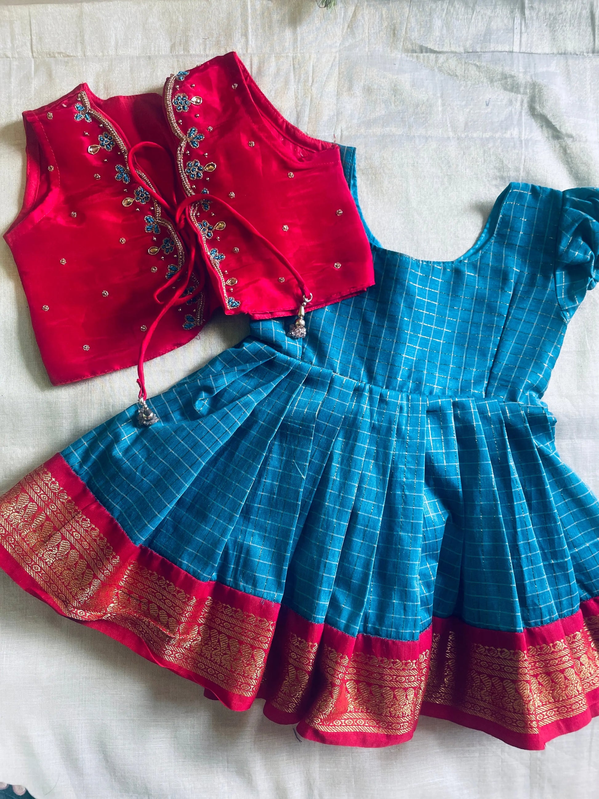Traditional red and powder blue ethnic wear langa jacket for baby
