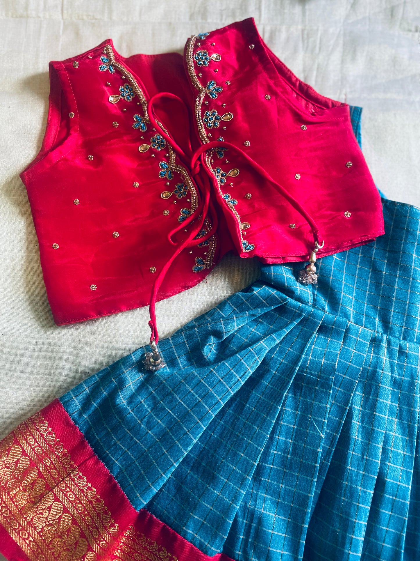 Traditional red and powder blue ethnic wear langa jacket for baby girl