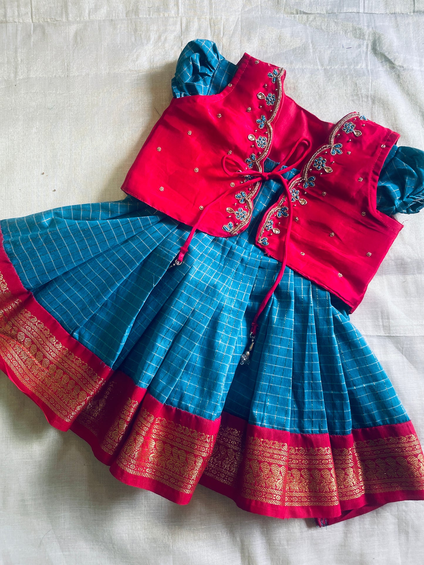 Traditional red and powder blue ethnic wear langa jacket for baby girl