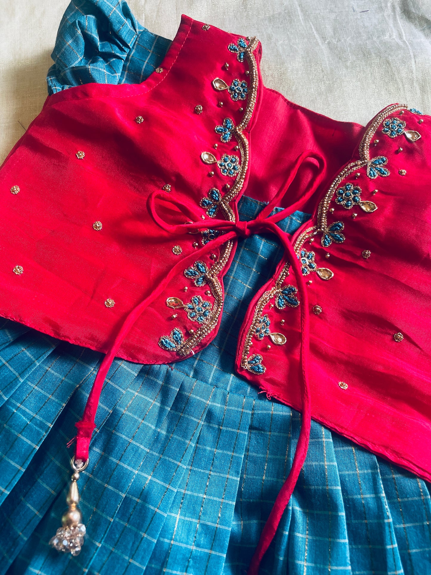 Traditional red and powder blue ethnic wear langa jacket for baby girl