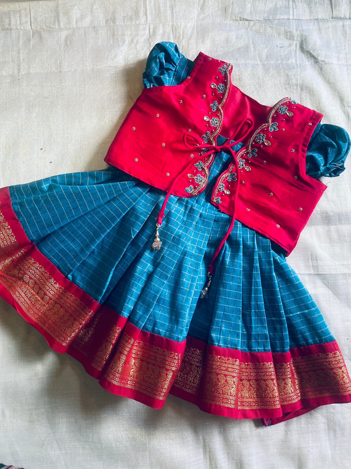 Traditional red and powder blue ethnic wear langa jacket for baby girl