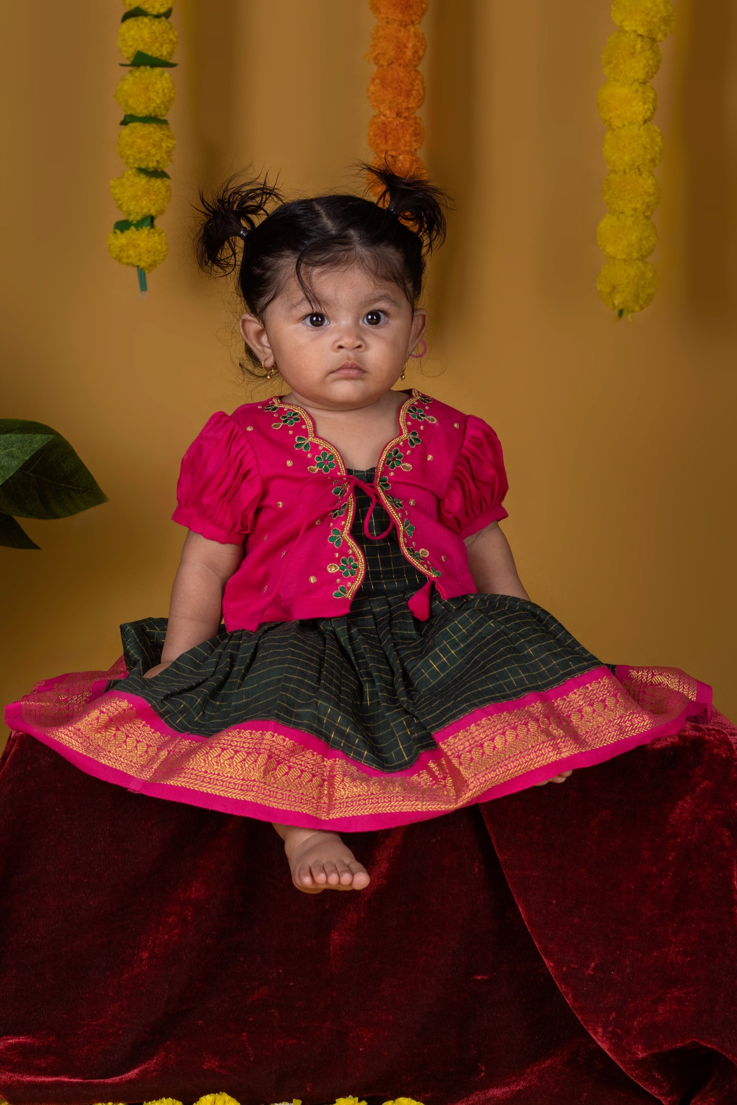 Dark green and pink checked sleeveless frock and embroideried jacket ethnic wear for baby girl