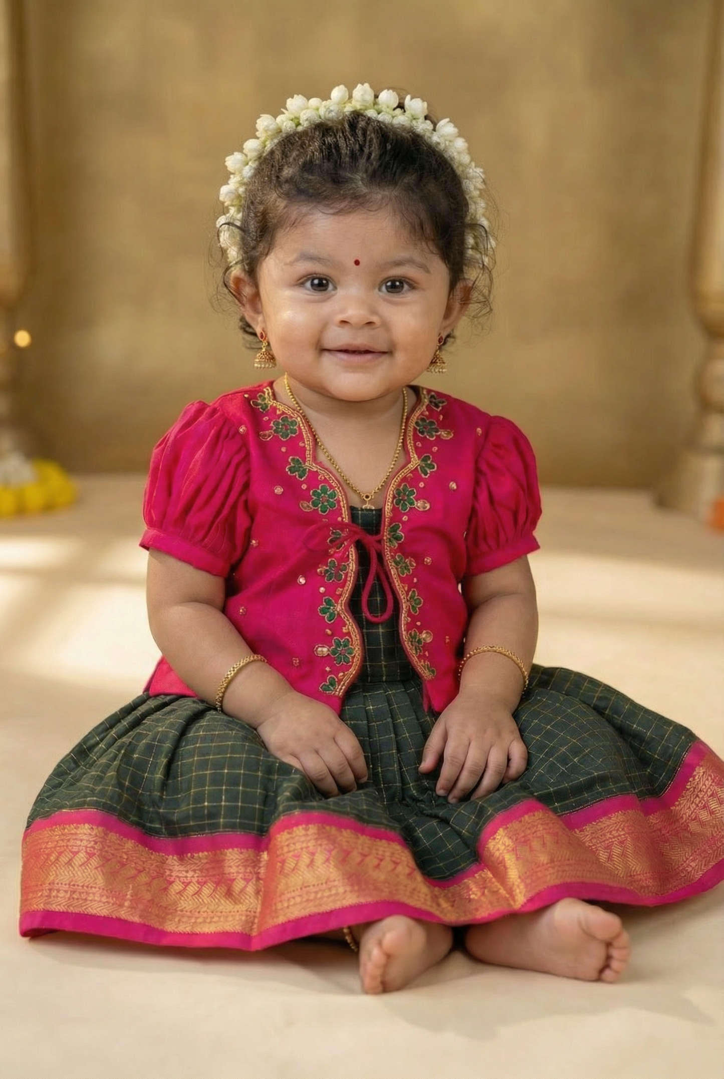 Dark green and pink checked sleeveless frock and embroideried jacket ethnic wear for baby girl