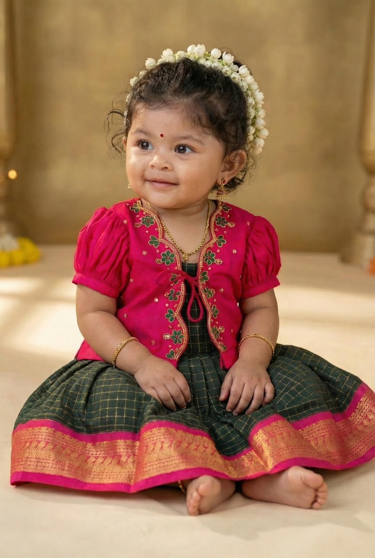 Dark green and pink checked sleeveless frock and embroideried jacket ethnic wear for baby girl