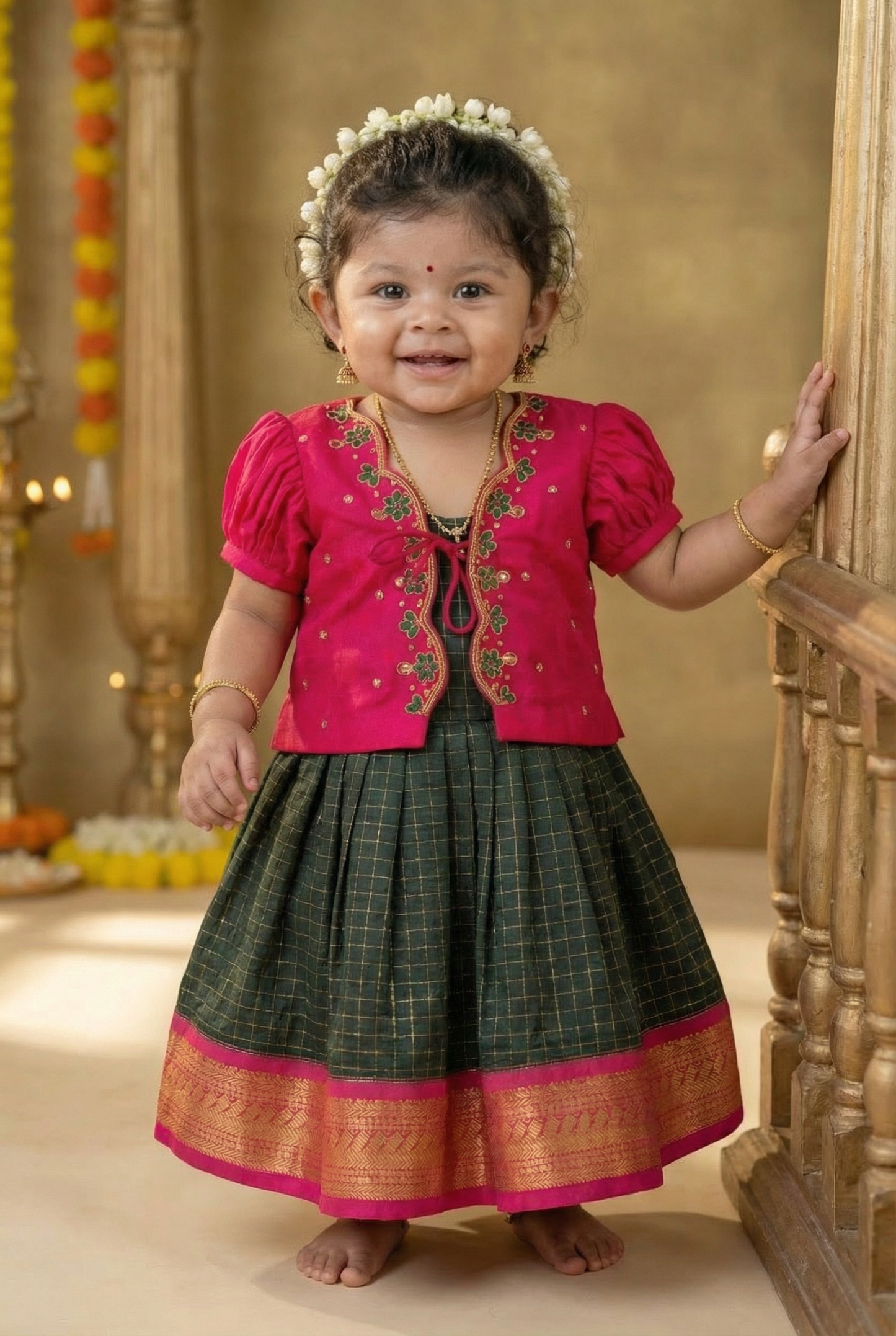 Dark green and pink checked sleeveless frock and embroideried jacket ethnic wear for baby girl