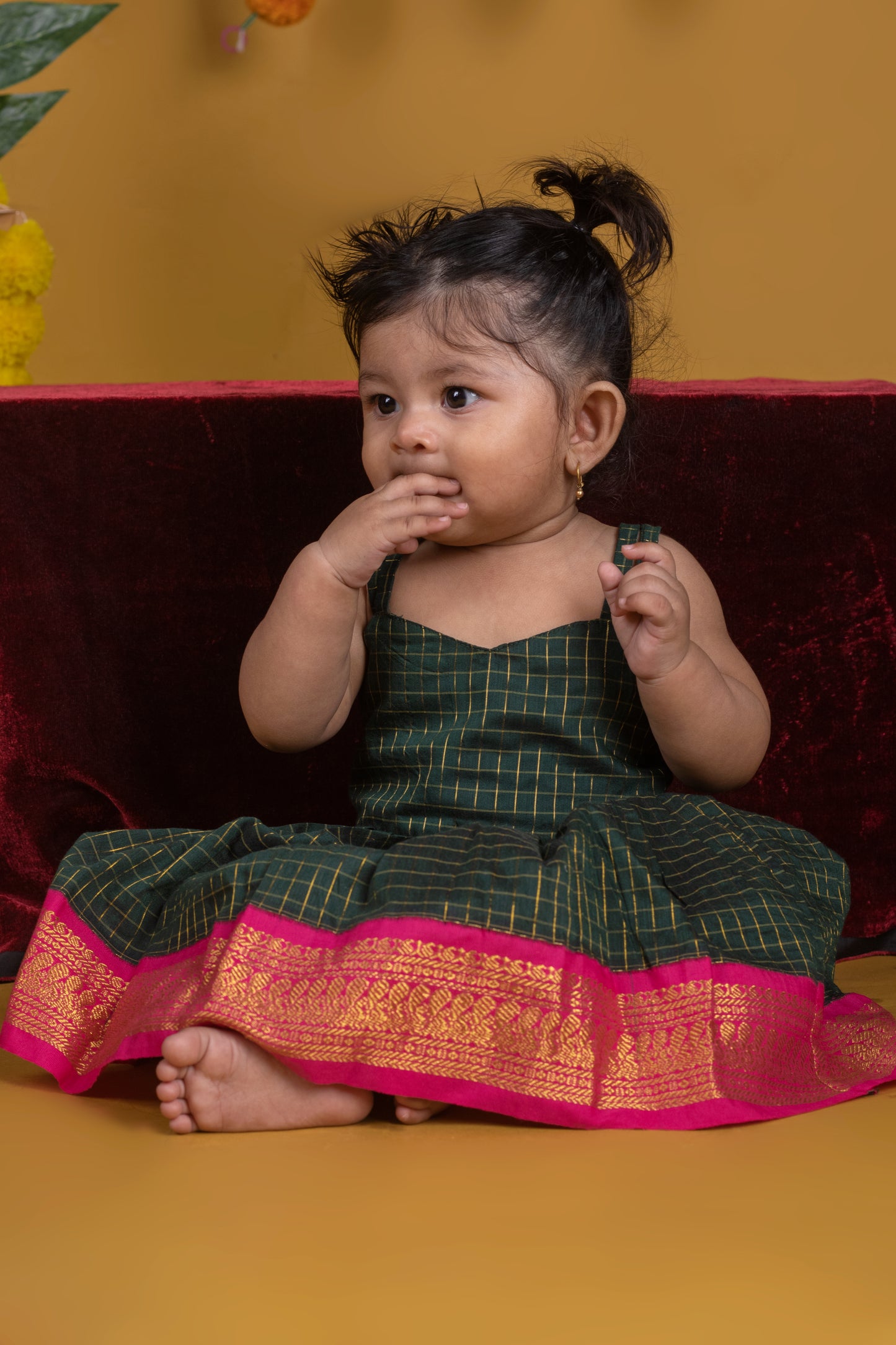 Dark green and pink checked sleeveless frock and embroideried jacket ethnic wear for baby girl