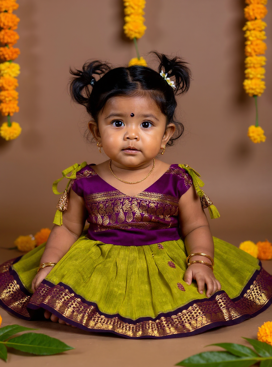 Green and Wine Tie-Up Ethnic Wear for Girls – Traditional Dress for Baby Girl