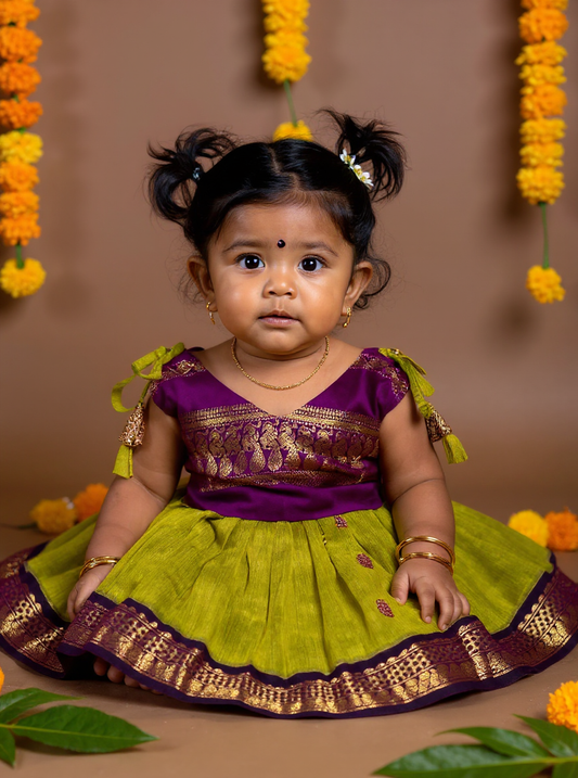 Green and Wine Tie-Up Ethnic Wear for Girls – Traditional Dress for Baby Girl