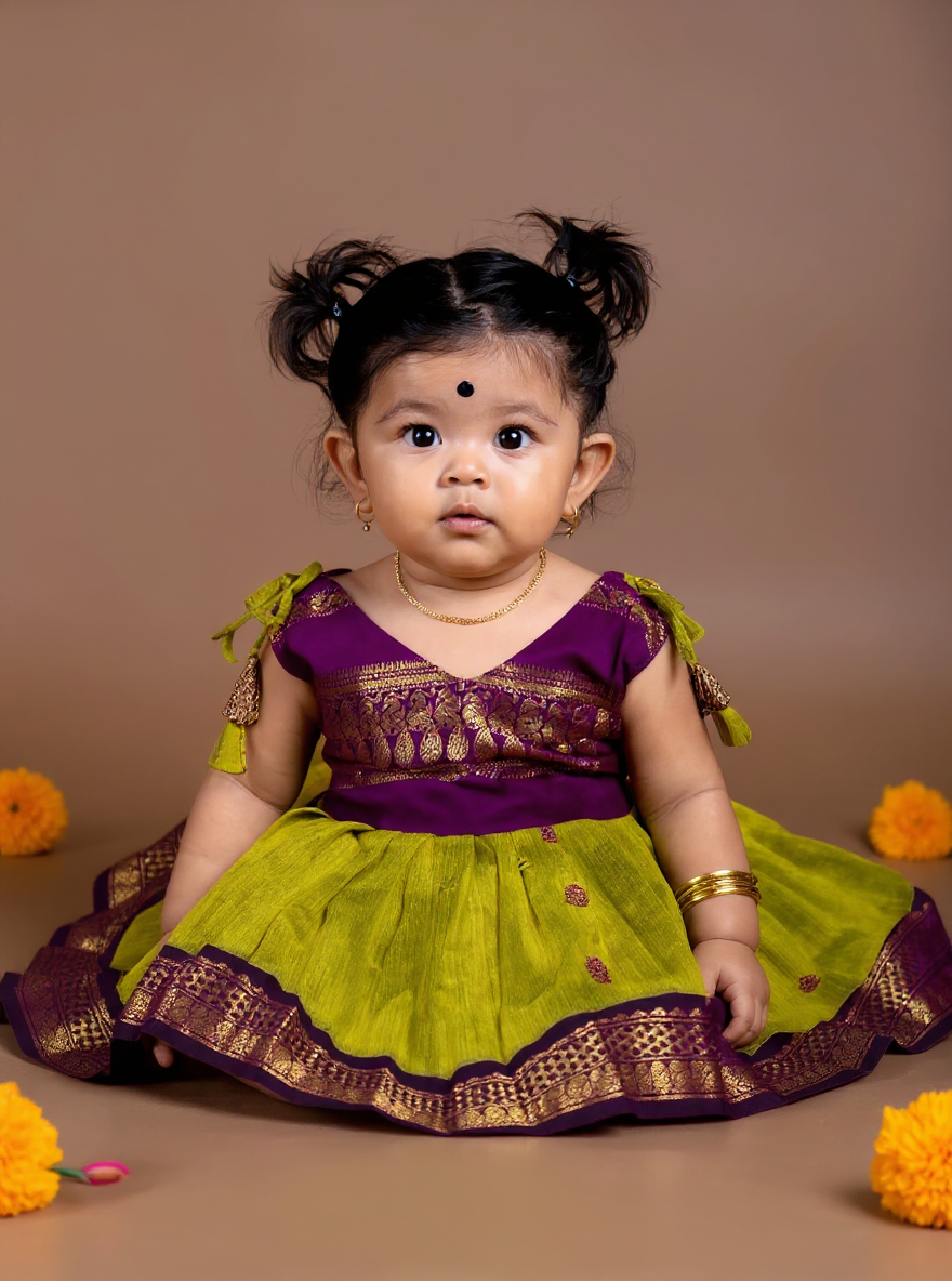 Green and Wine Tie-Up Ethnic Wear for Girls – Traditional Dress for Baby Girl