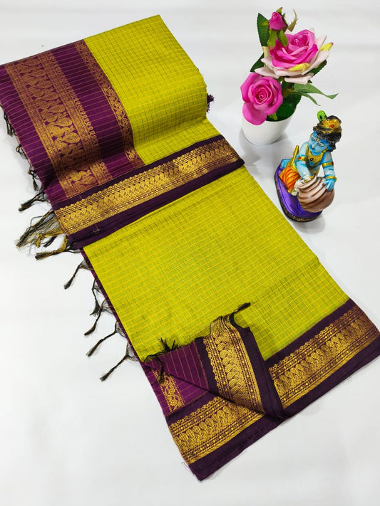 Green and wine - Premium Checked Cotton Silk Saree with Contrast Blouse