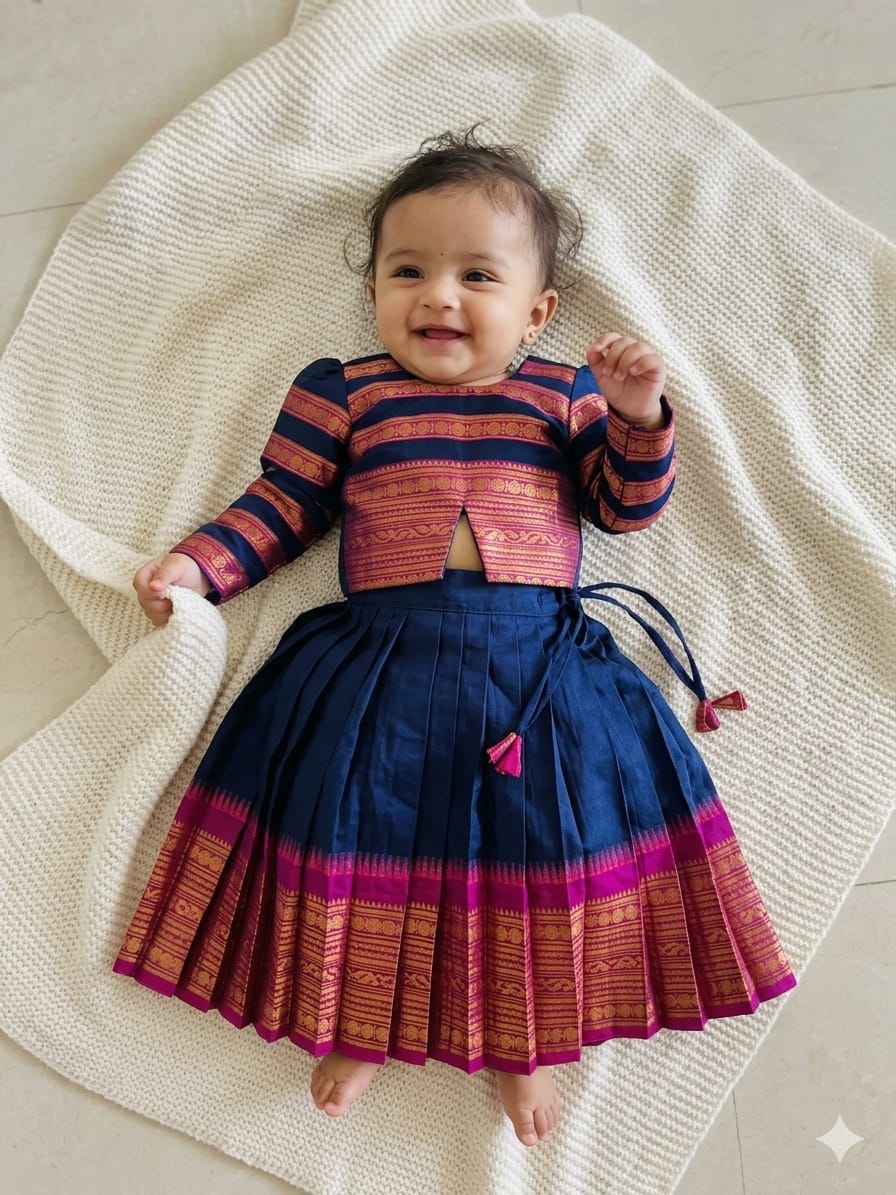 Royal blue with pink Kids Langa Blouse – Ethnic Lehenga Dress for Baby Girl