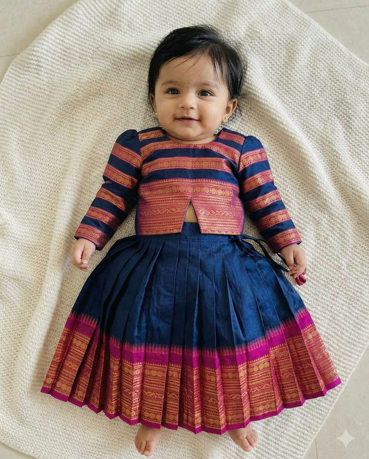 Royal blue with pink Kids Langa Blouse – Ethnic Lehenga Dress for Baby Girl
