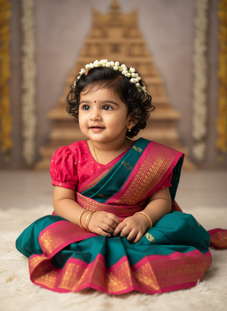 Peacock green and pink - Ready to wear saree for kids Ethnic wear for baby girl
