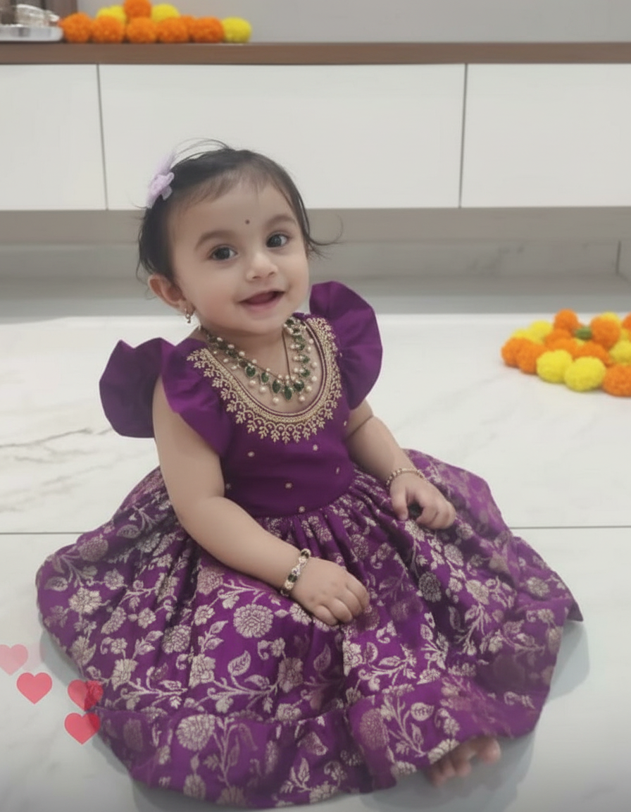Wine Banarasi Silk Ethnic Wear Dress for Girls / Baby Girl