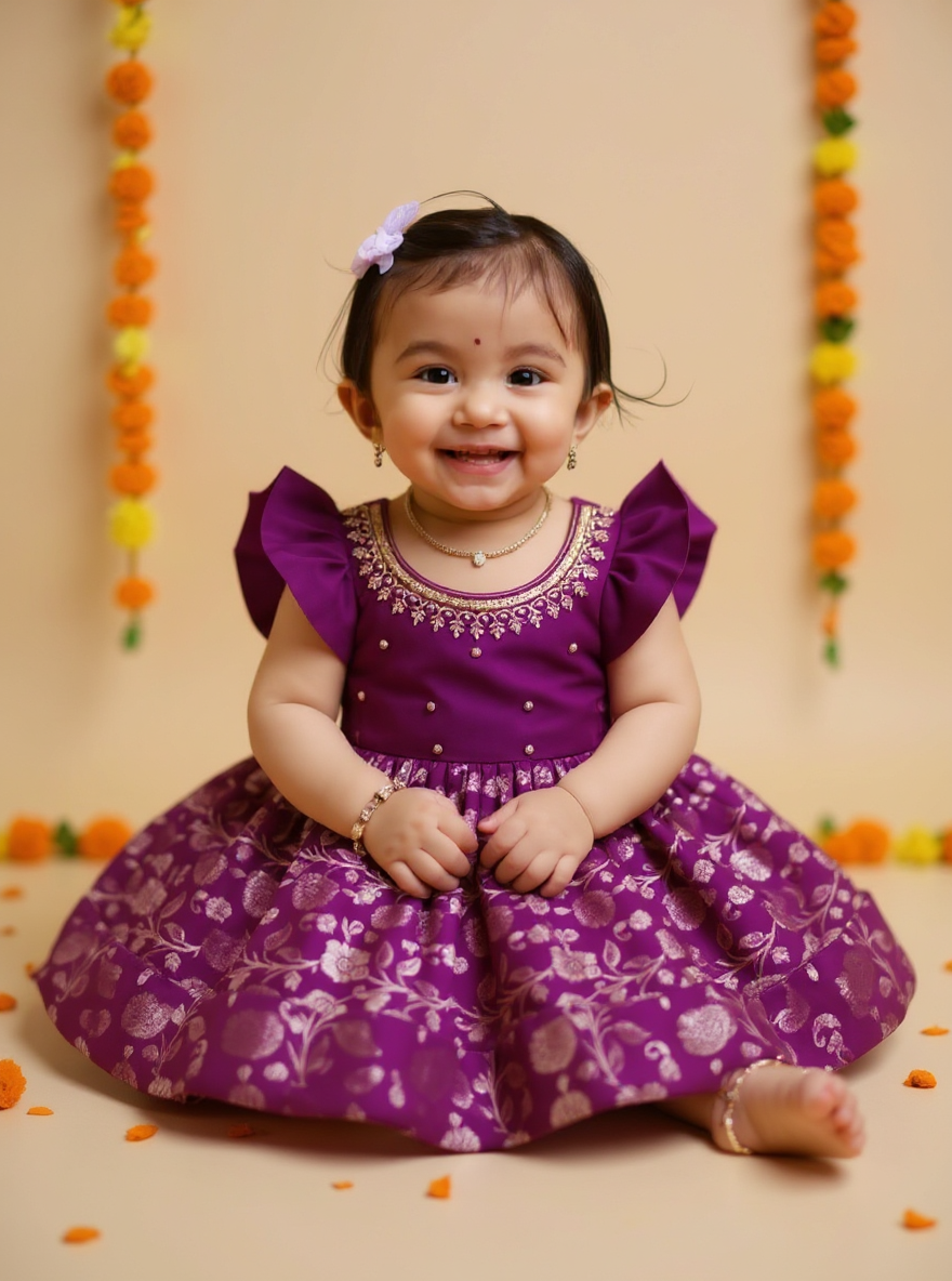 Wine Banarasi Silk Ethnic Wear Dress for Girls / Baby Girl