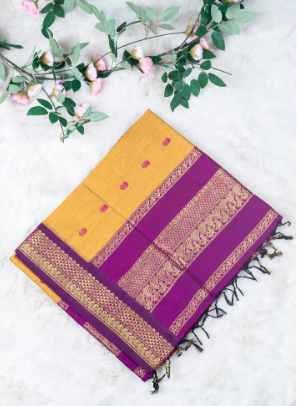 Mustard yellow and wine - Premium  Cotton Silk Saree with Contrast Blouse  9 yards