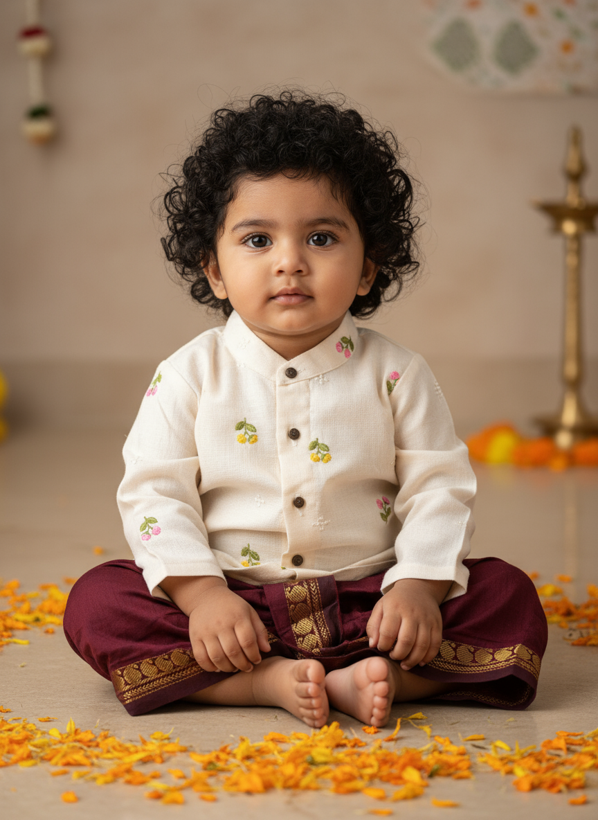 Pure Linen White and Maroon Kurta Dhoti for baby boy