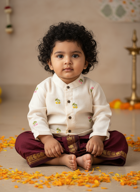 Pure Linen White and Maroon Kurta Dhoti for baby boy