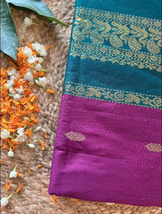 Traditional Pink and Bottle Green - Premium Cotton Silk Saree with Contrast Blouse