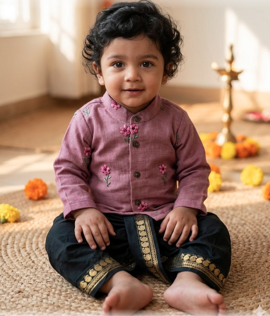 Pastel pink Linen and black Kurta dhoti ethnic wear for baby boy