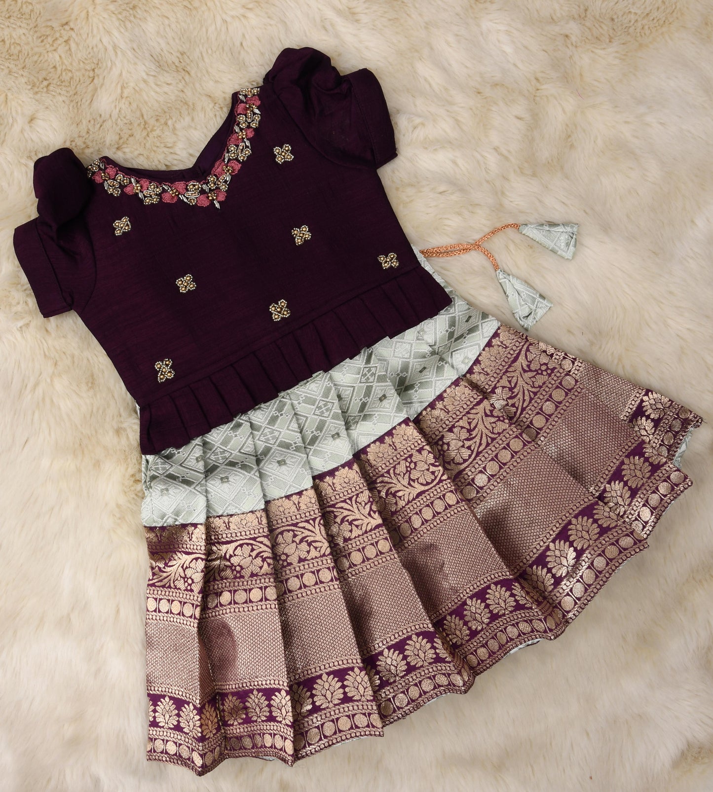 Wine with pale blue hand work embroidery langa blouse / pattu pavadai / lehenga ethnic wear for baby girl