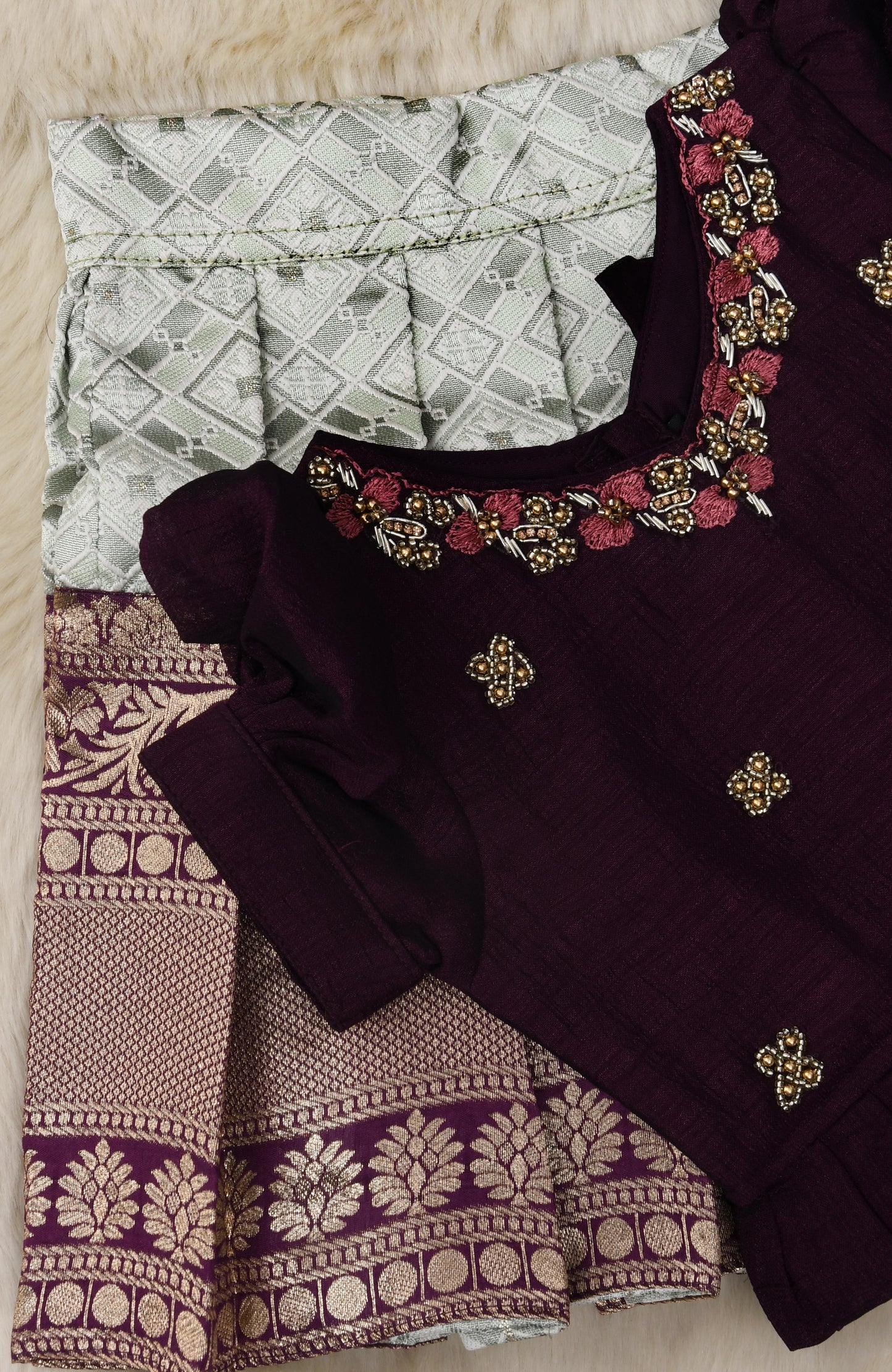 Wine with pale blue hand work embroidery langa blouse / pattu pavadai / lehenga ethnic wear for baby girl