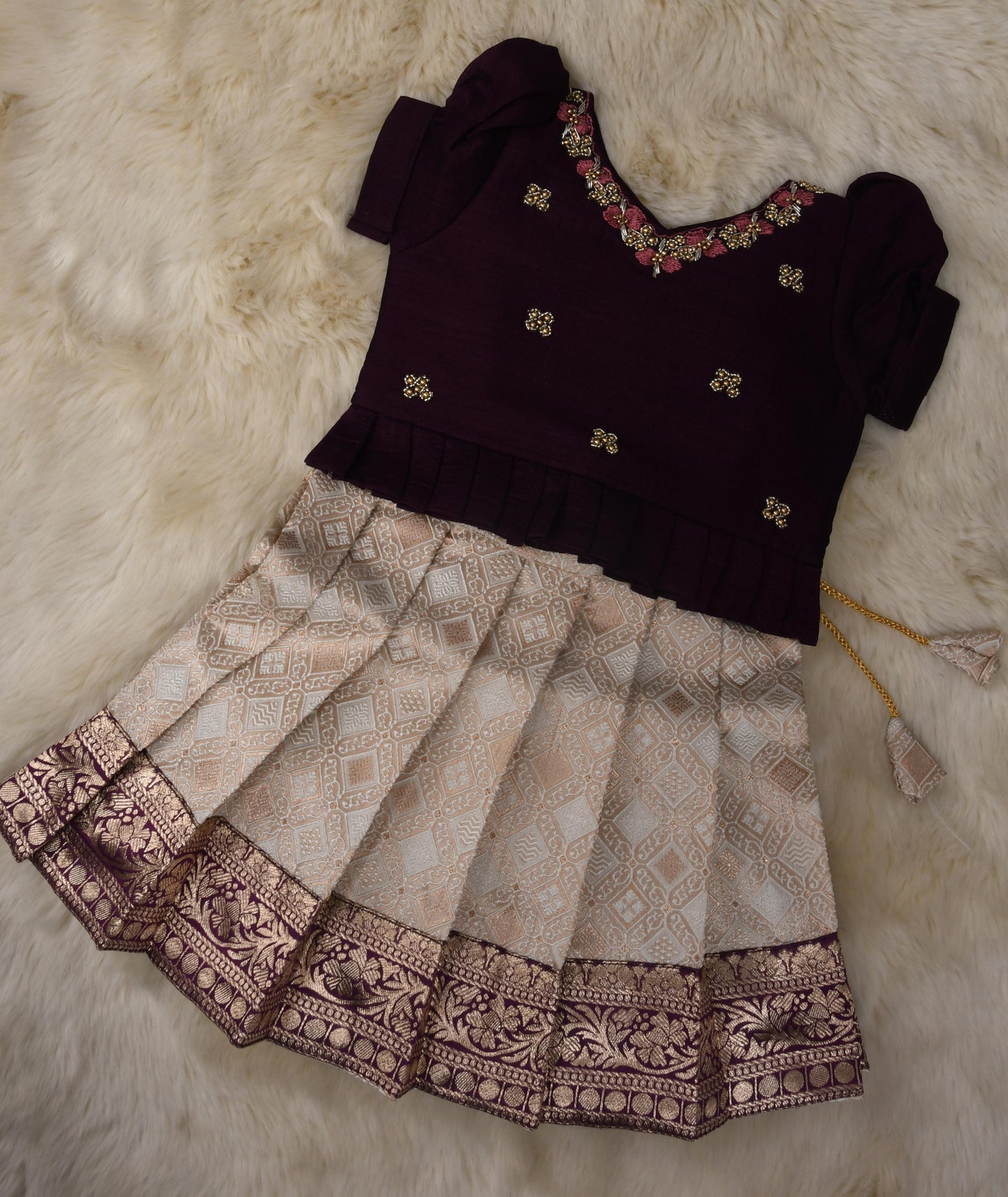 Wine with silver hand work embroidery langa blouse / pattu pavadai / lehenga ethnic wear for baby girl