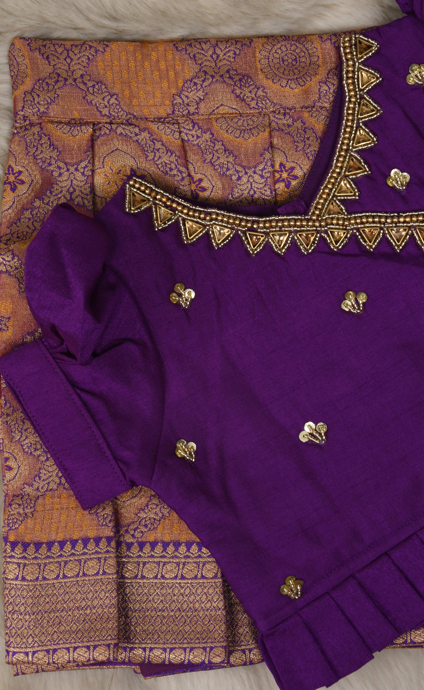 Purple and orange hand work embroidery langa blouse / pattu pavadai / lehenga ethnic wear for baby girl