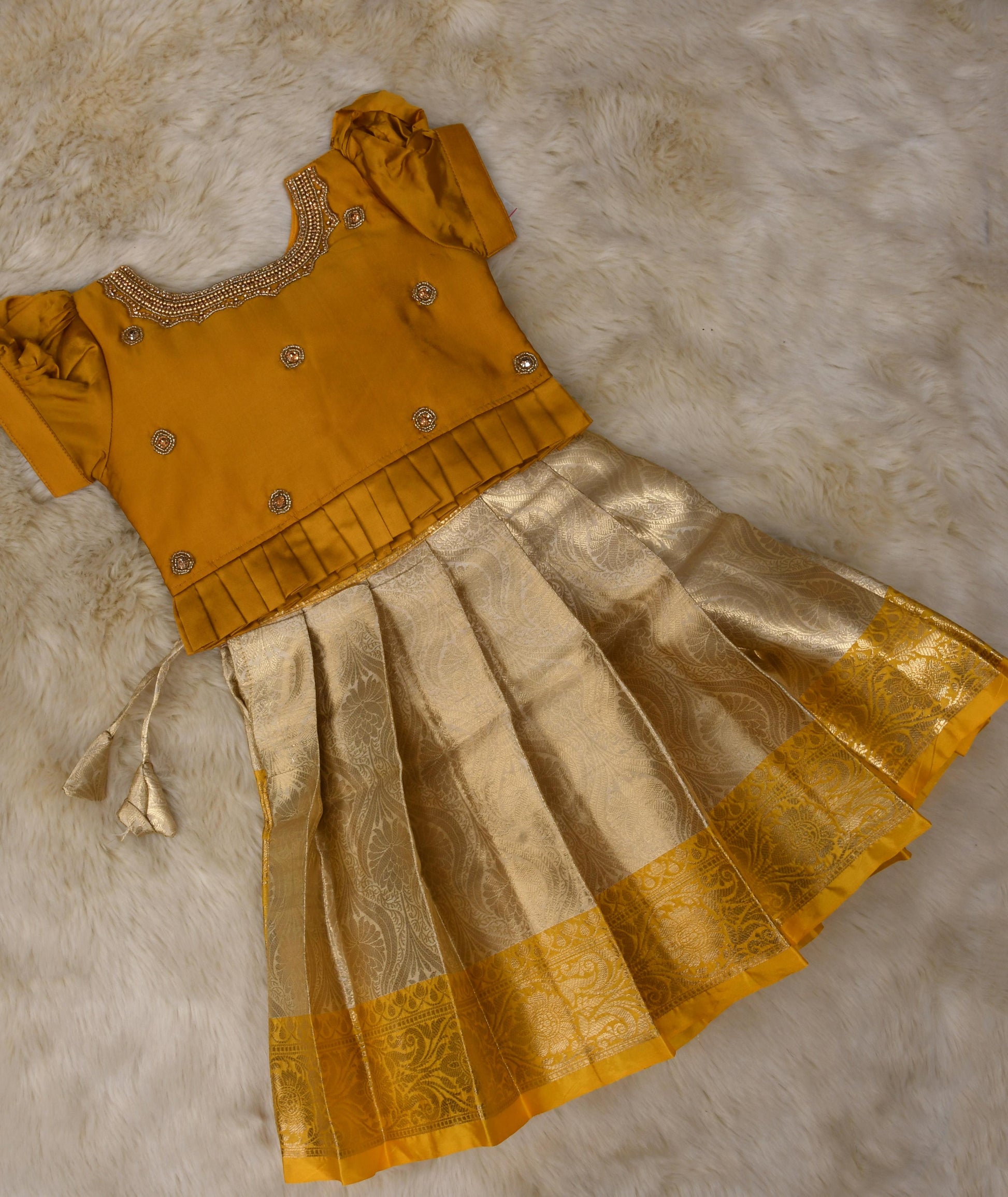 Yellow and silver hand work embroidery langa blouse pattu pavadai lehenga ethnic wear for baby girl