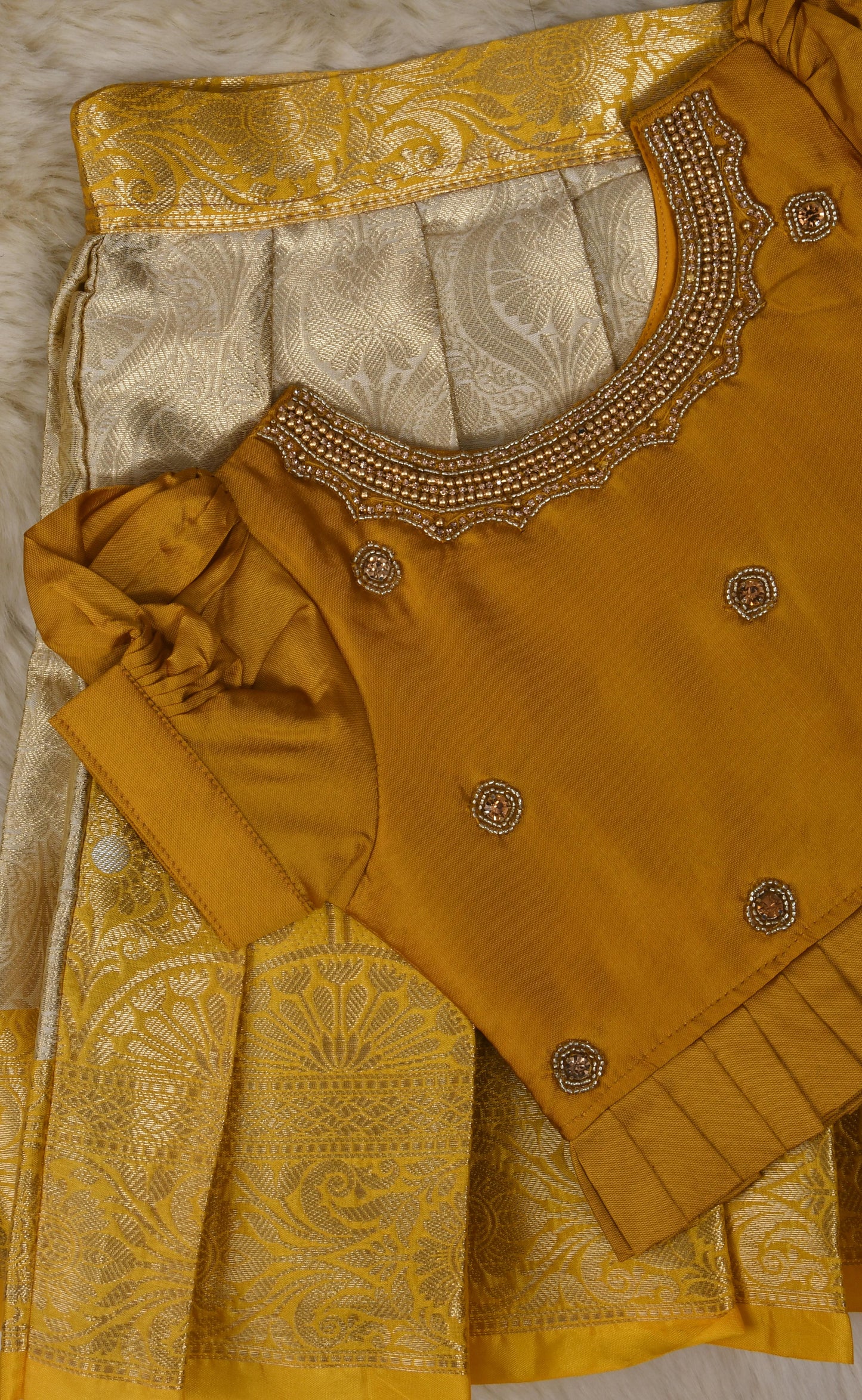 Yellow and silver hand work embroidery langa blouse / pattu pavadai / lehenga ethnic wear for baby girl