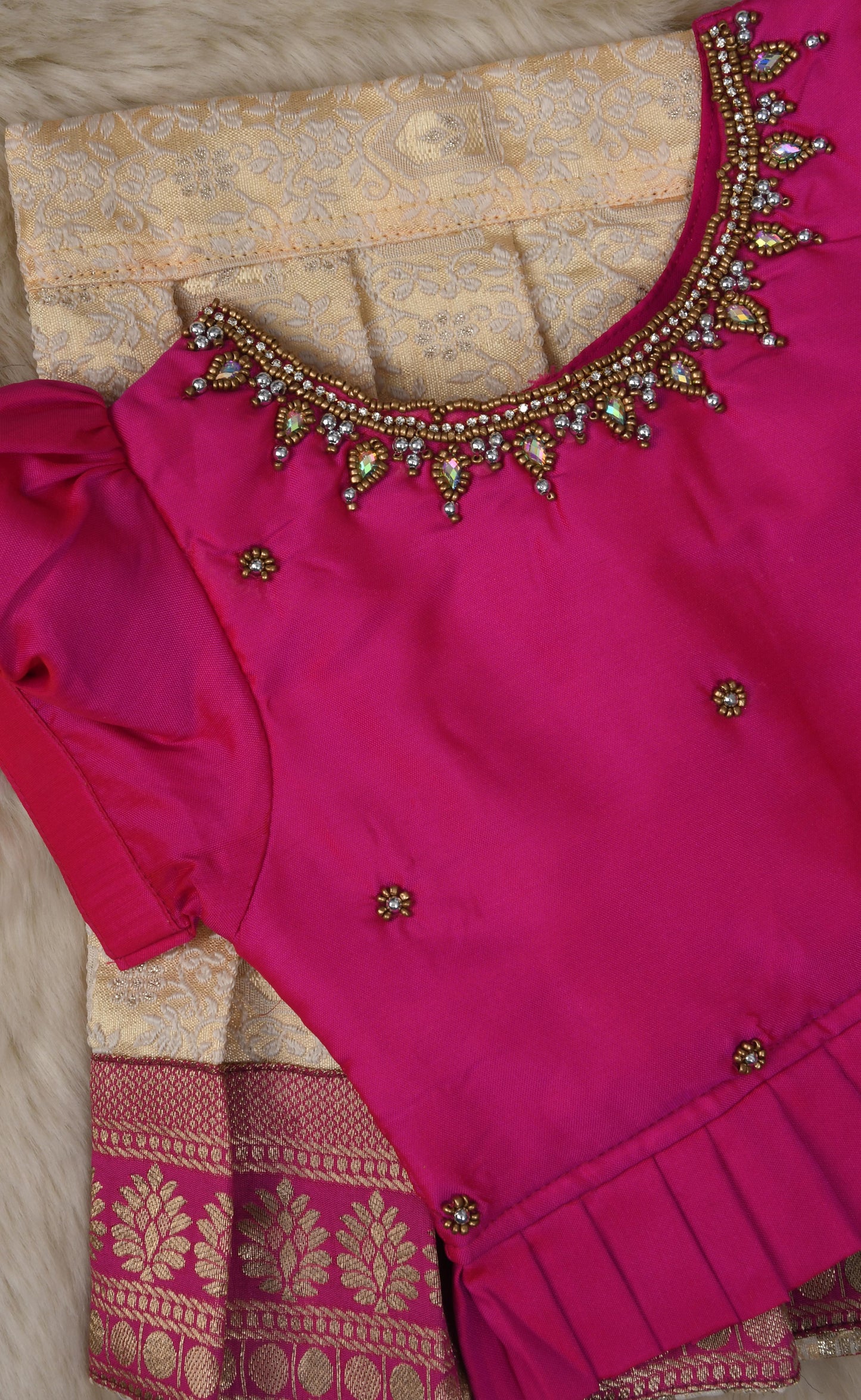 Pink and cream hand work embroidery langa blouse / pattu pavadai / lehenga ethnic wear for baby girl