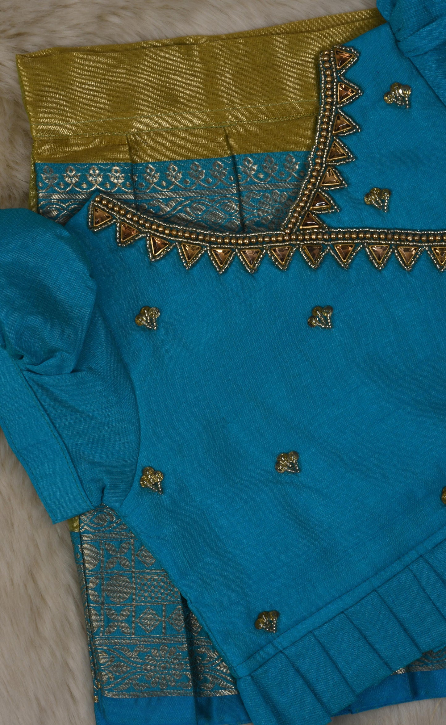 Blue with green hand work embroidery langa blouse / pattu pavadai / lehenga ethnic wear for baby girl