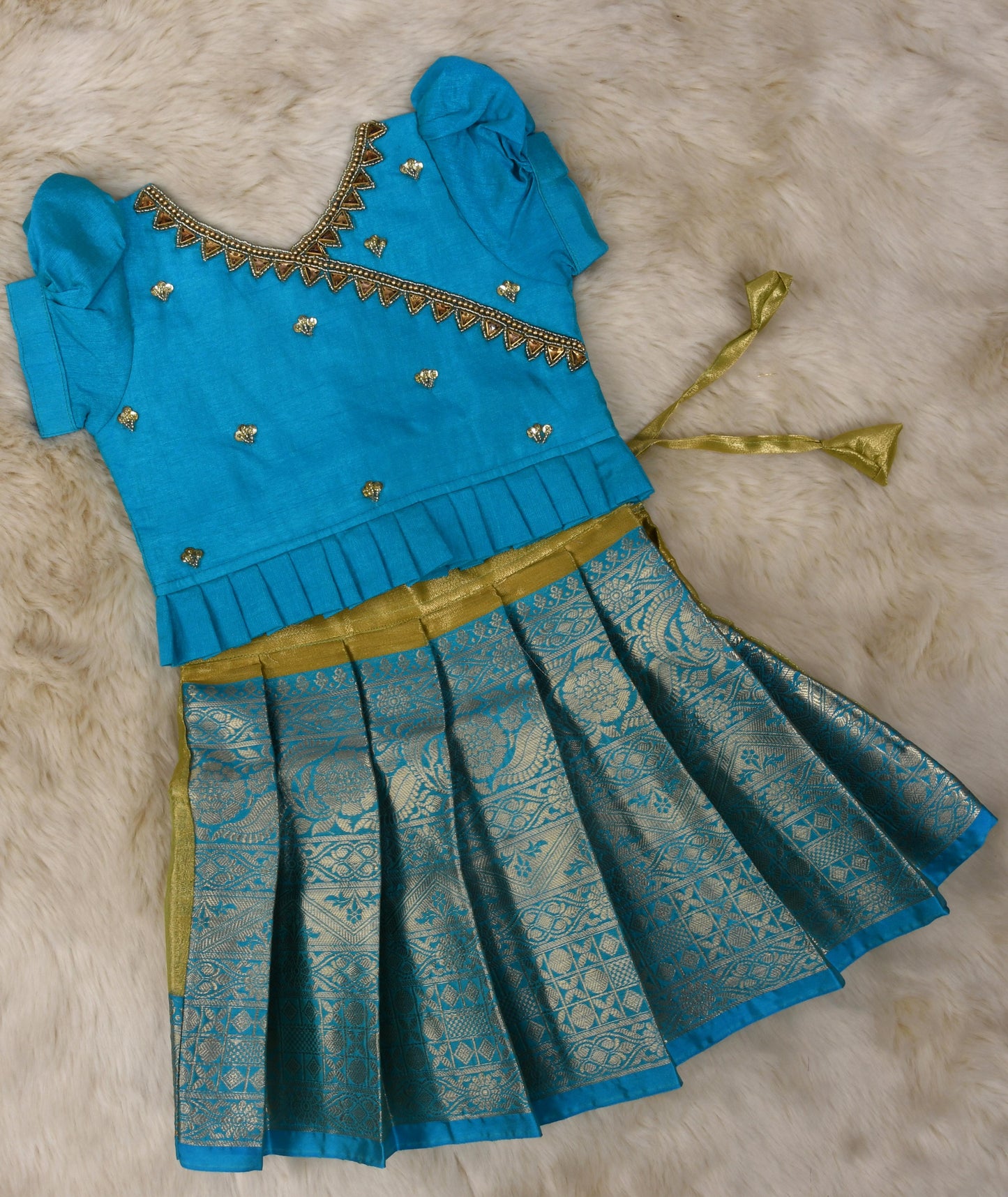 Blue with green hand work embroidery langa blouse / pattu pavadai / lehenga ethnic wear for baby girl