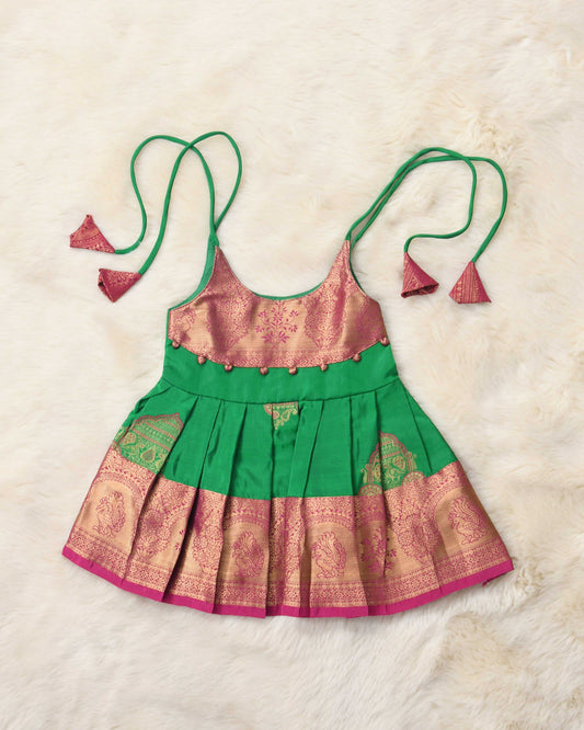 Dhana lakshmi - Bottle Green with Pink pattu silk ethnic wear for baby girl