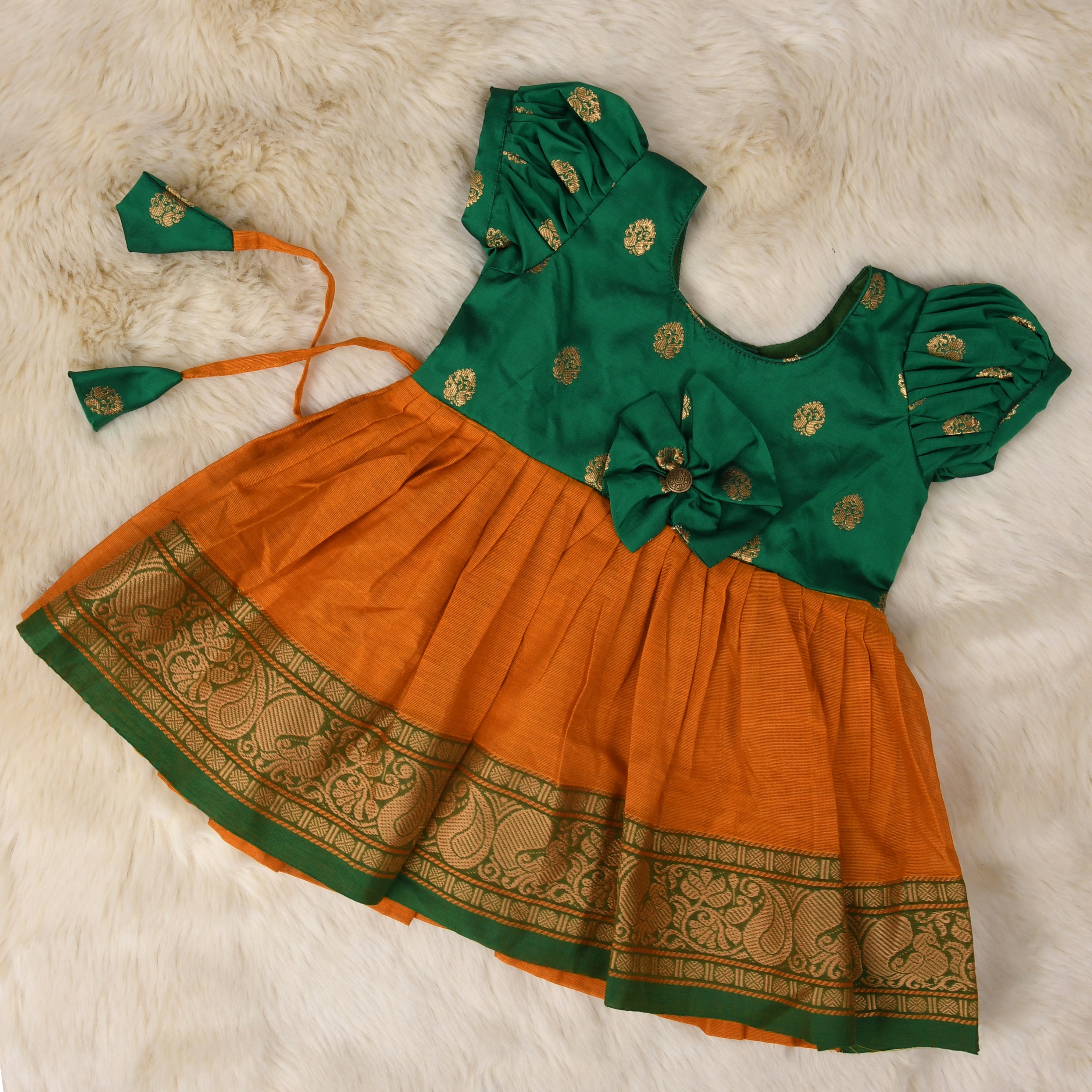 Green with yellow - Kanchi Cotton South Indian Ethnic Frock for Baby Girl