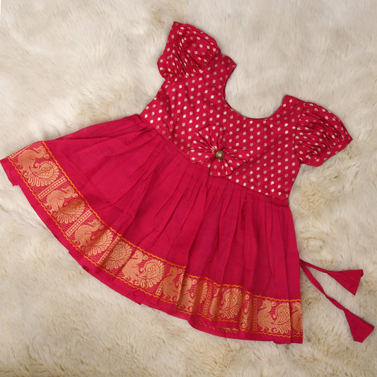 Elegant Pink with Golden Zari  Kanchi Cotton Ethnic Frock for Baby Girl
