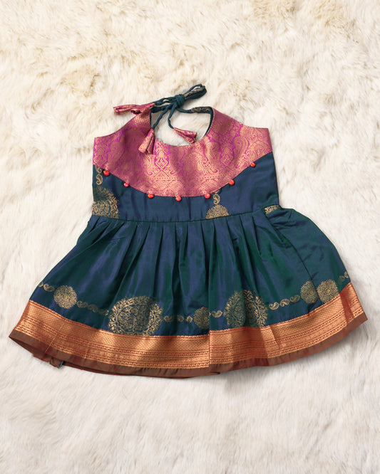 Bhagyashree - Deepest Blue with pink pattu silk ethnic wear for baby girl