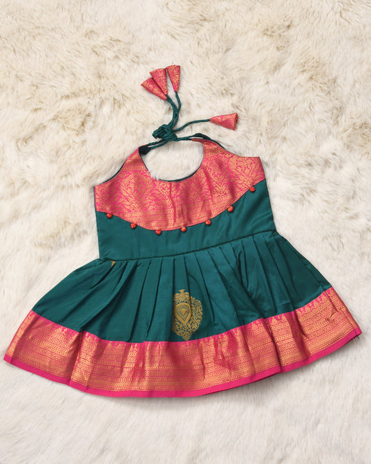 Amala - Peacock green with pink pattu silk ethnic wear for baby girl