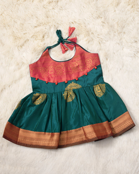 Padmaja - Peacock green with pink pattu silk ethnic wear for baby girl (Style 2)