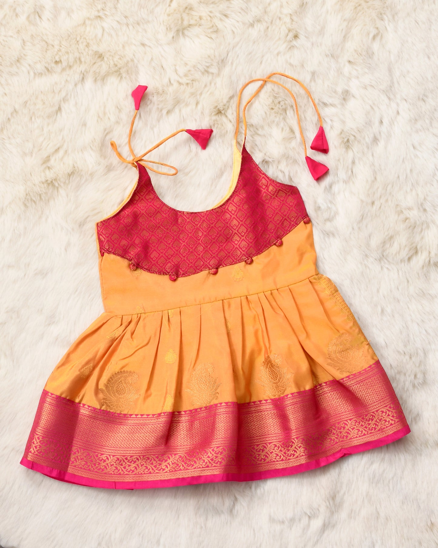 Narayani - Sunshine yellow with pink pattu silk ethnic wear for baby girl (Style 2)